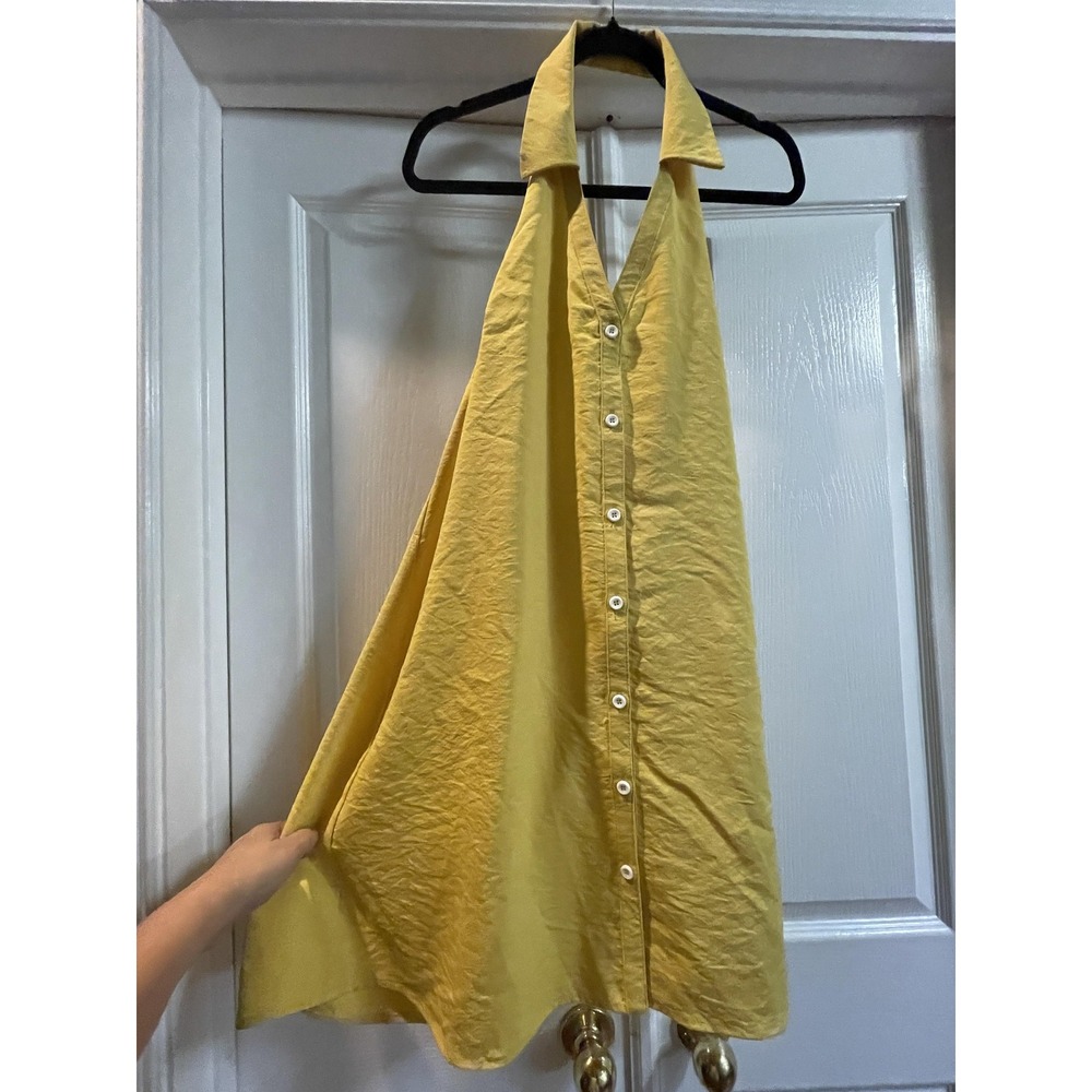 Sugarlips Dress Womens M Yellow Halter Collared Button Front A Line Sundress
